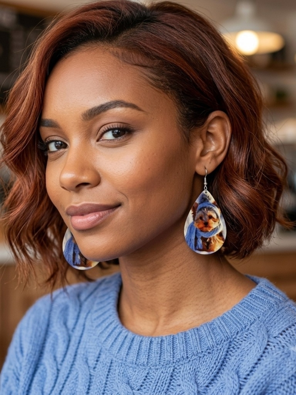 Cute Winter Dog Wood  Teardrop Earrings — Blue Scarf Design